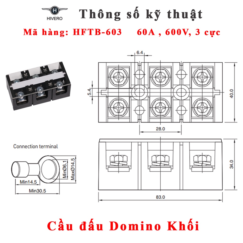 Domino khối 60A Hivero Hàn Quốc - Cầu đấu  khối 60A, mã HFTB-603 3P , HFTB-604 4P  và đầu cos điện
