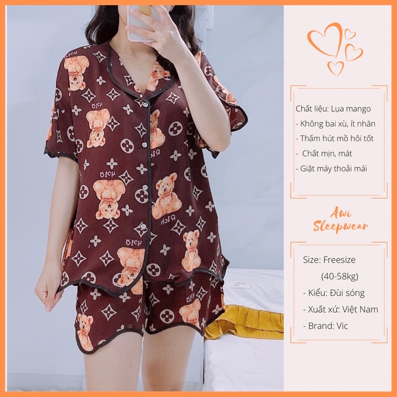 Bộ Pyjama Đùi Viền Sóng Lụa Mango Vic Nhiều Mẫu Xinh Xắn - Awi Sleepwear Pijama