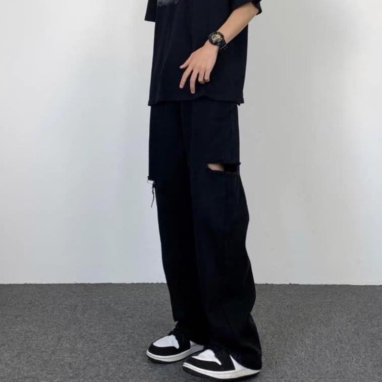 Quần jean đen dáng xuông ống rộng rách gối style Hàn Quốc dành cho Nam  [