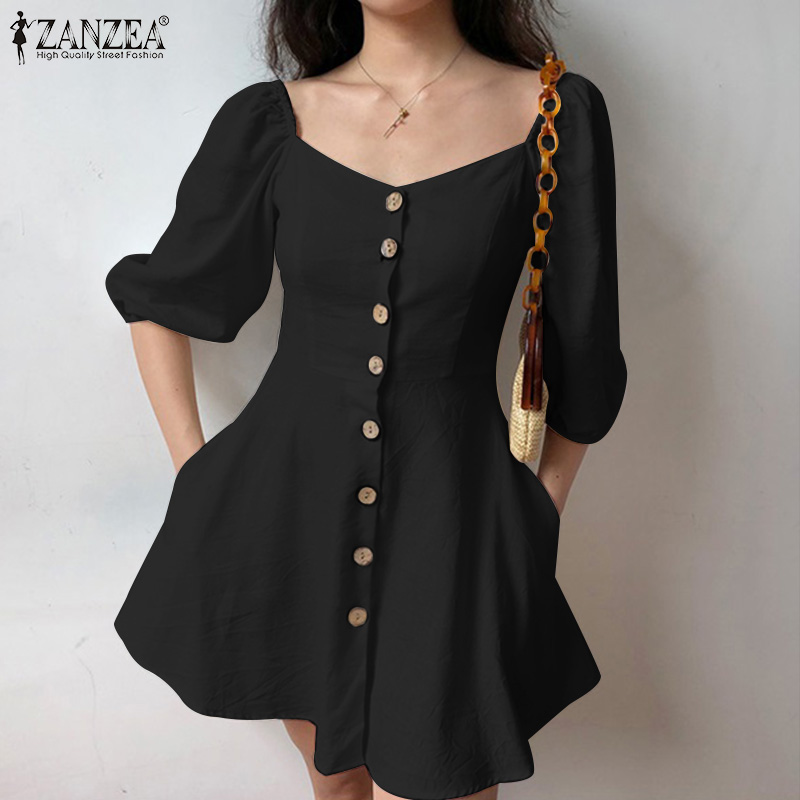 Đầm Ngắn Nữ ZANZEA Màu Trơn Tay Ngắn Cổ Áo Trái Tim Ôm Dáng Thời Trang