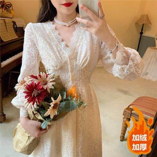 Đầm Dự Tiệc Tay Dài Cổ Chữ V Phối Ren Phong Cách Retro