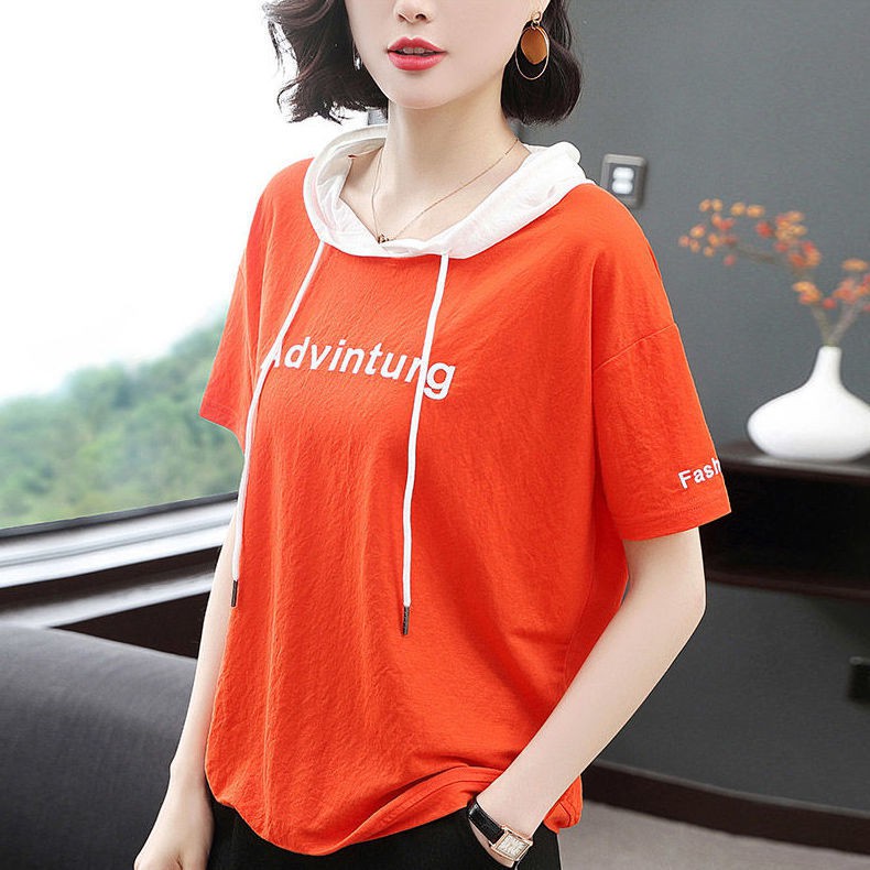 ﹉▣◙[95% cotton] thời trang mùa hè mới có mũ trùm đầu rộng rãi mm áo thun ngắn tay thêu chữ cỡ lớn đàn bà