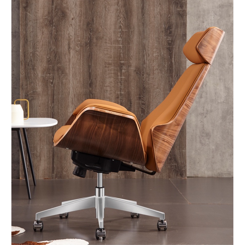 Ghế giám đốc da bò chân xoay lưng ốp gỗ cao cấp chống mỏi lưng BJ746, Ghế xoay văn phòng làm việc cho lãnh đạo