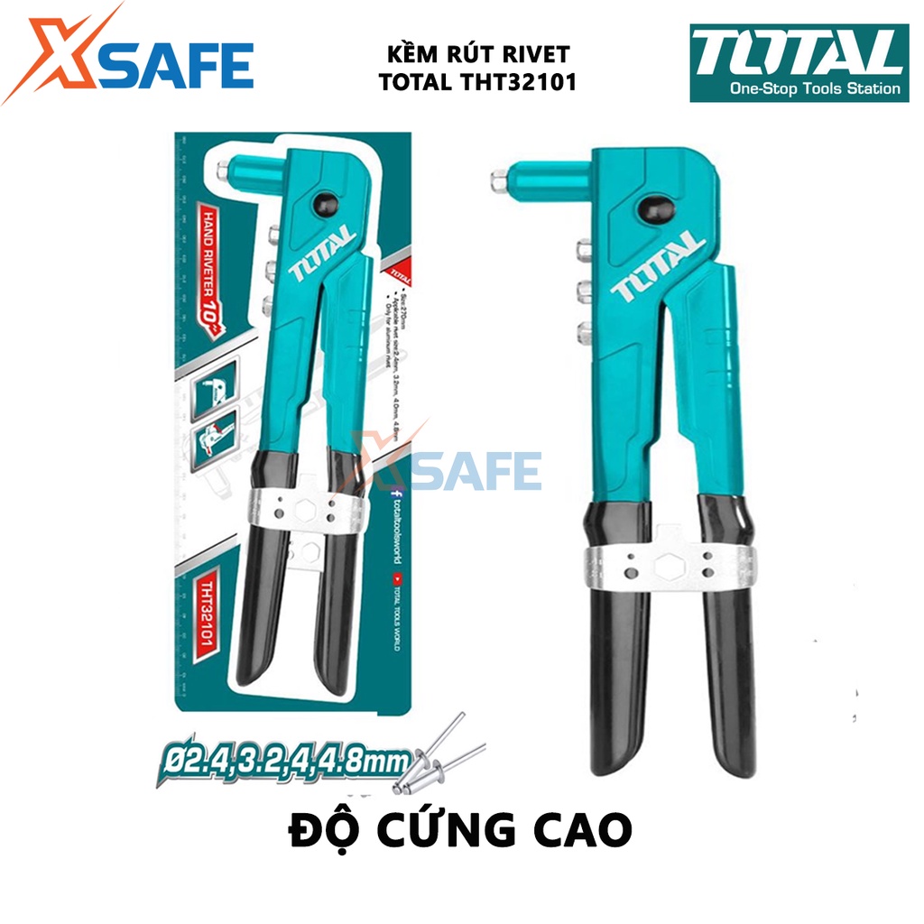 Kềm rút rivet, đinh tán TOTAL THT32101 chiều dài 260mm/10&quot;, đầu kềm gồm các size 2.4mm, 3.2mm, 4mm, 4.8mm - chính hãng