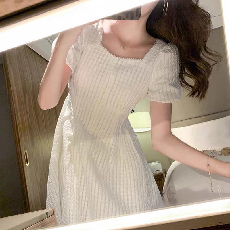 ĐẦM TRẮNG Ô NHÍ TAY BO CỔ VIỀN HẠT XẺ TÀ