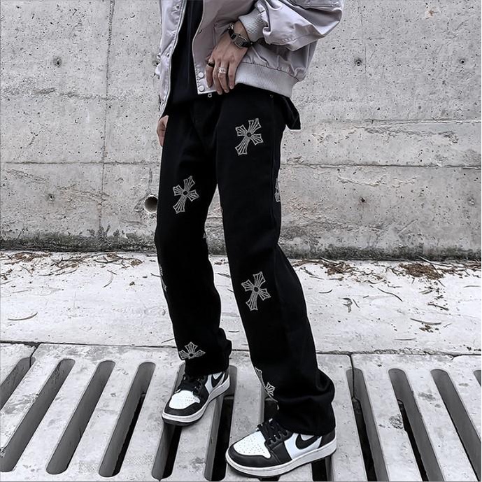 Quần jean ống suông rộng nam nữ unisex họa tiết thánh giá hà nội hcm Pon.mens