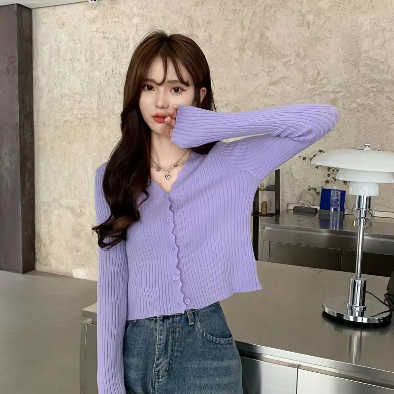 💓áo croptop tay dài Áo Cardigan Dệt Kim Tay Dài Cổ Chữ v Màu Hồng Kèm Quần Lưng Cao Thời Trang Dành Cho Nữ