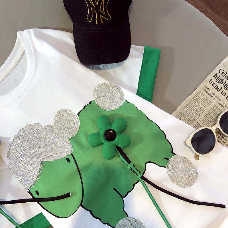 Áo Thun Tay Ngắn Đính Đá Họa Tiết Hoạt Hình Thời Trang Mùa Hè Cho Nữ