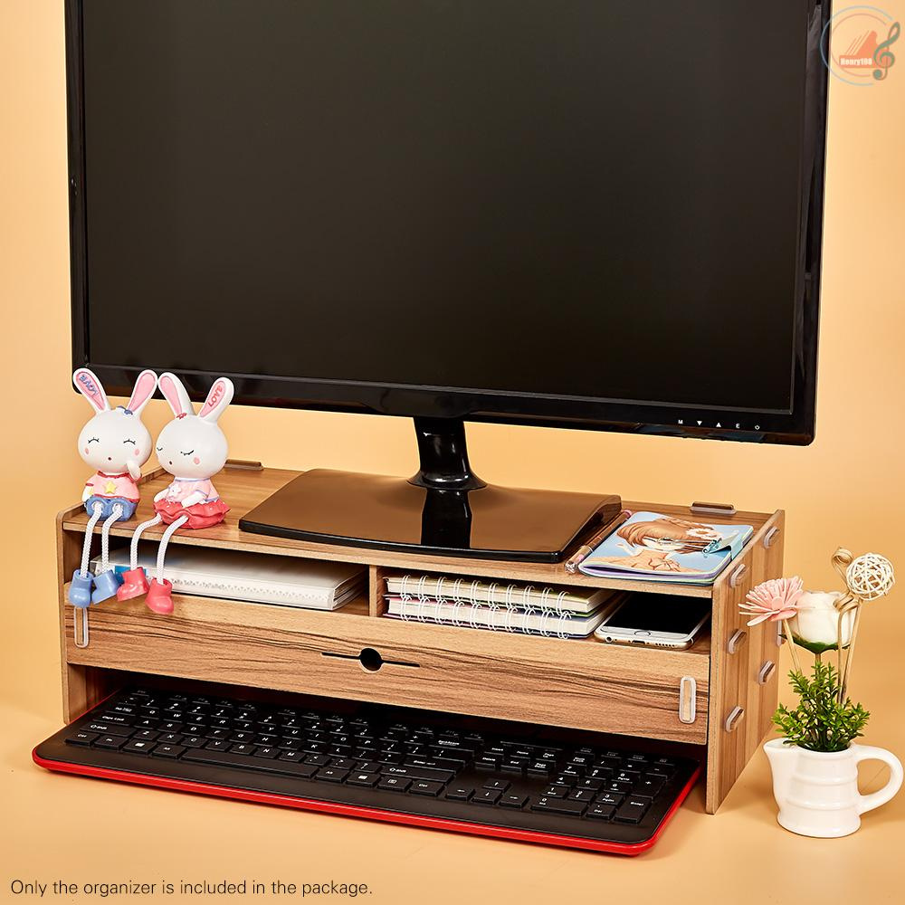 Computer Monitor Stand Riser Wood Desktop Organizer with Stationery Keyboard Storage Slots Drawer Office School Supplies