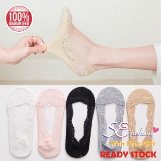 Vớ cổ thấp vải cotton viền lưới không trượt họa tiết ren cho nữ