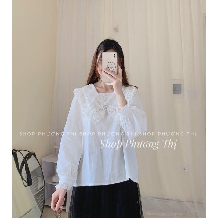 [Ảnh thật/video] Áo sơmi cổ bèo đính cúc cách điệu/ sơ mi nữ tay kiểu