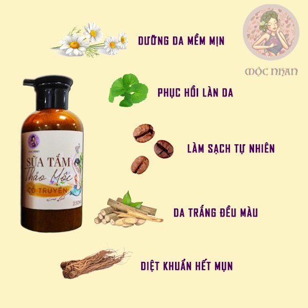 Sữa tắm thảo dược Ả Đào nguồn gốc thiên nhiên giúp làm trắng, thư giãn, dưỡng thể chính hãng Mộc Nhan -  350ml