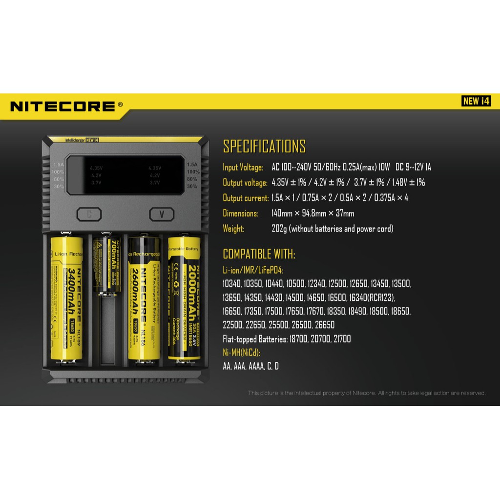 Bộ Sạc Pin Thông Minh Nitecore New I4 1500ma 18650, 21700, 26650...