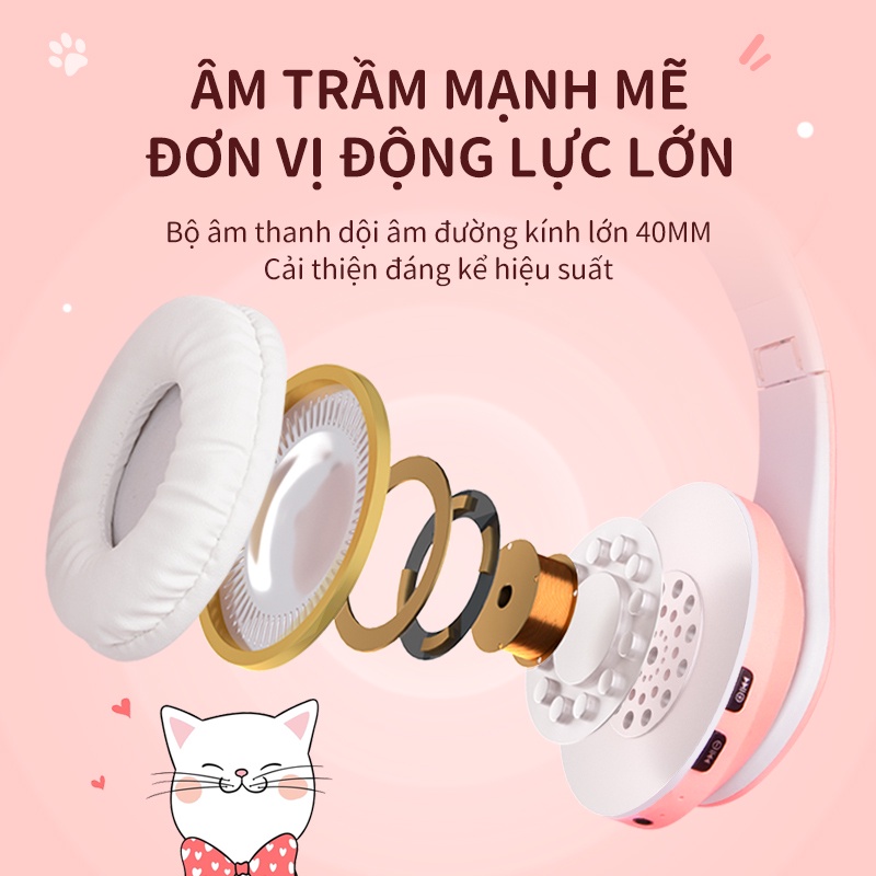 Tai nghe chụp tai không dây bluetooth/ có dây thiết kế tai mèo có đèn LED tích hợp micro