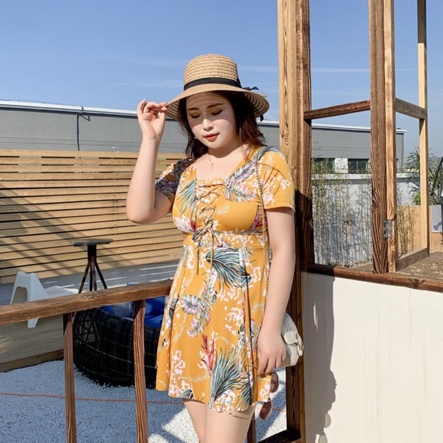 Bikini áo tắm bộ bơi big size liền thân cho người mập béo hoạ tiết màu vàng siêu tôn da từ 60-80kg