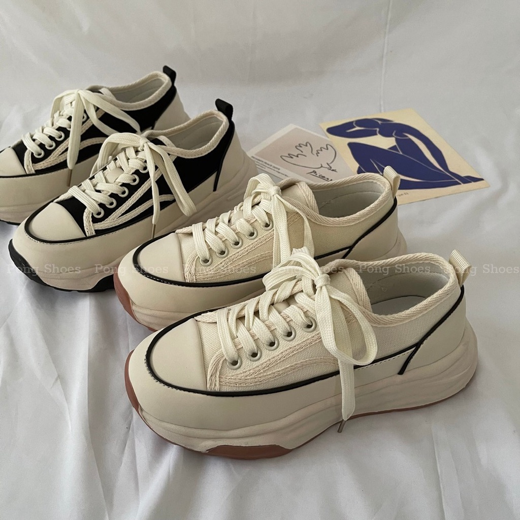 Giày Sneaker Pong Shoes phong cách Ulzzangs màu đen, be FULL HỘP Mã 1434