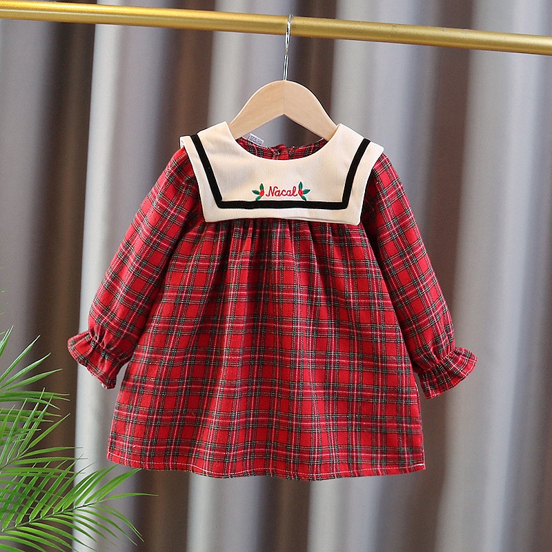 Đầm Tay Dài Chất Liệu Cotton Thoáng Khí Thoải Mái Họa Tiết Caro Đỏ Dễ Thương Cho Bé Gái