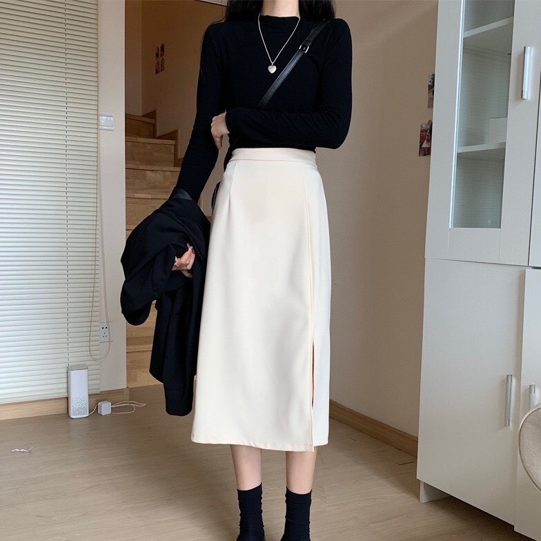 Chân Váy Chữ A Công Sở Dài Xẻ Tà SANMAY Chân Váy Dáng Dài Qua Gối Hàn Quốc Màu Đen Trắng Đẹp Cao Cấp CV001 | BigBuy360 - bigbuy360.vn