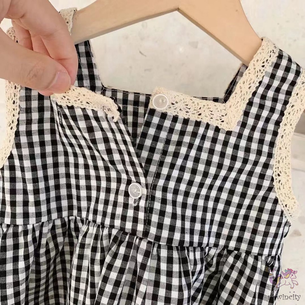 Đầm Công Chúa Không Tay Họa Tiết Caro Trắng Đen Phối Ren Phong Cách Hàn Quốc Cho Bé Gái