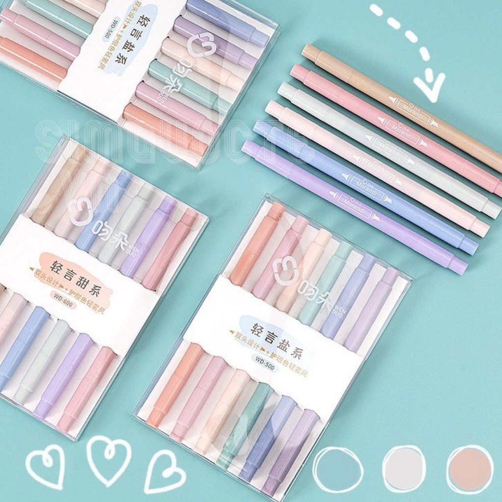 Bộ 6 bút lông màu có 2 đầu highlight và đầu nhọn màu pastel dễ thương ST189