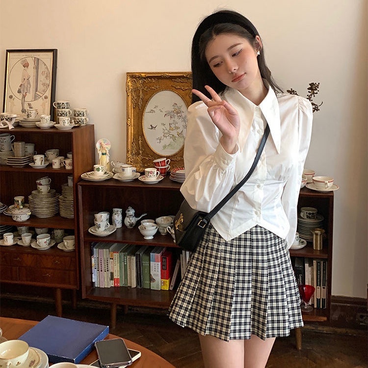 IMAODOU Áo Sơ Mi Trắng Dáng Ngắn Phong Cách Retro Thời Trang Xuân Thu Cho Nữ