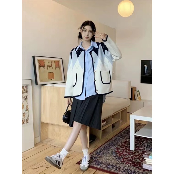 Áo Khoác Cardigan Dệt Kim Màu Sắc Tương Phản Phong Cách Retro Mỹ Cho Nữ