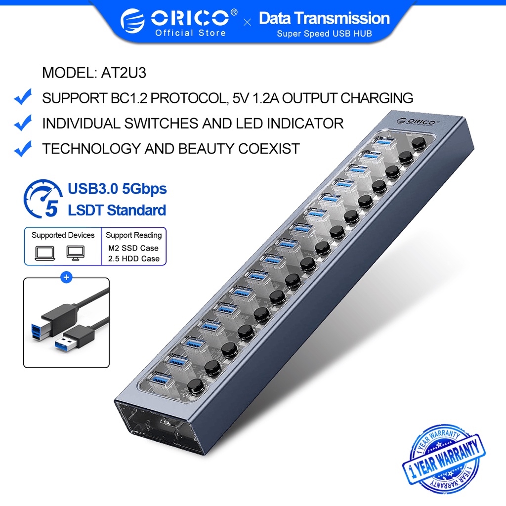 Hub Orico At2u3 Usb 3.0 7/10/13/16 Bằng Nhôm + Bộ Chia Usb Có Công Tắc Bật/ Tắt Đổi Nguồn 12v Chất Lượng Cao