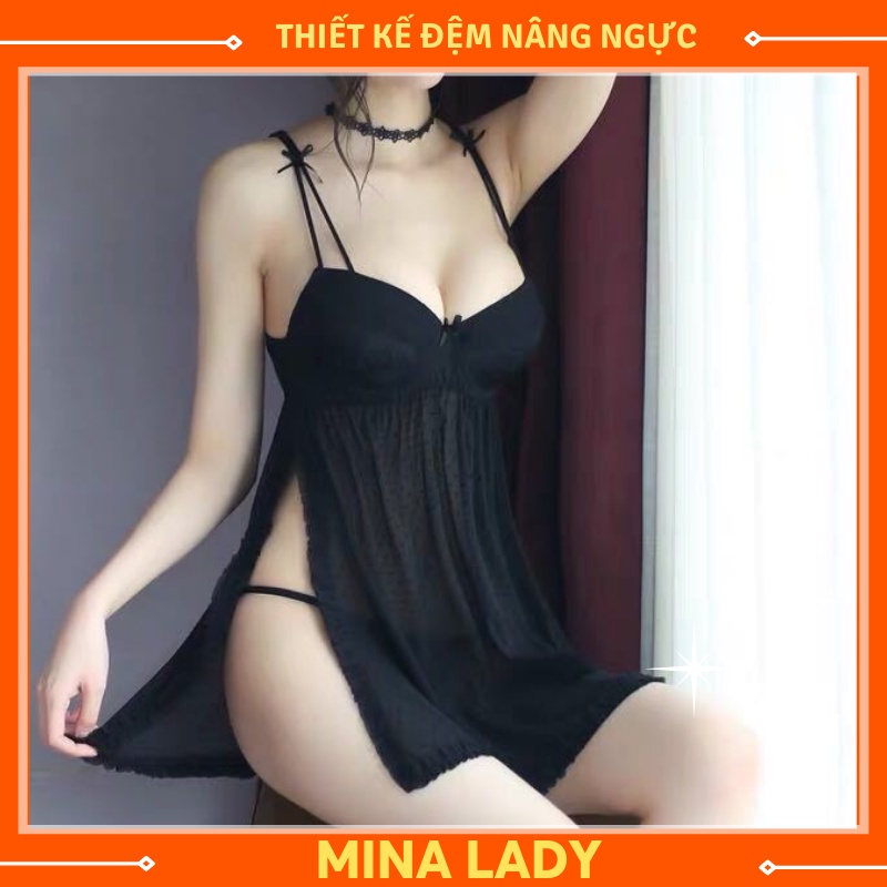 Đầm ngủ sexy nâng ngực chấm bi nhỏ, dáng xẻ vạt ( SEXY XẺ VẠT ĐỆM- ĐEN)
