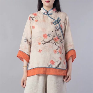 Ice Chinese wind Hanfu cotton linen seven-point sleeve shirt retro slant placket plate button print top loose
