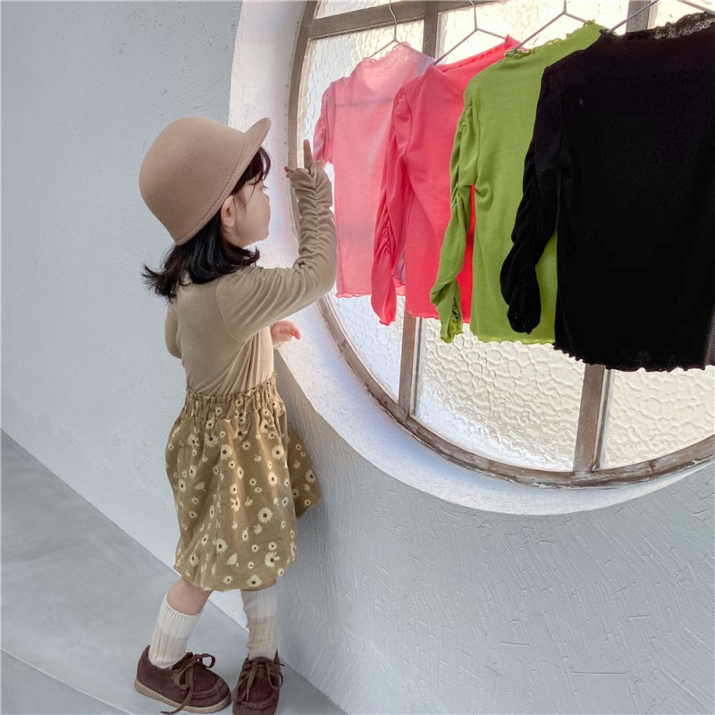 Girl Shirt  Autumn Cotton Long Sleeve Blouse Ear-edge Sleeve Closed Tendon Candy Color Undercoat Top