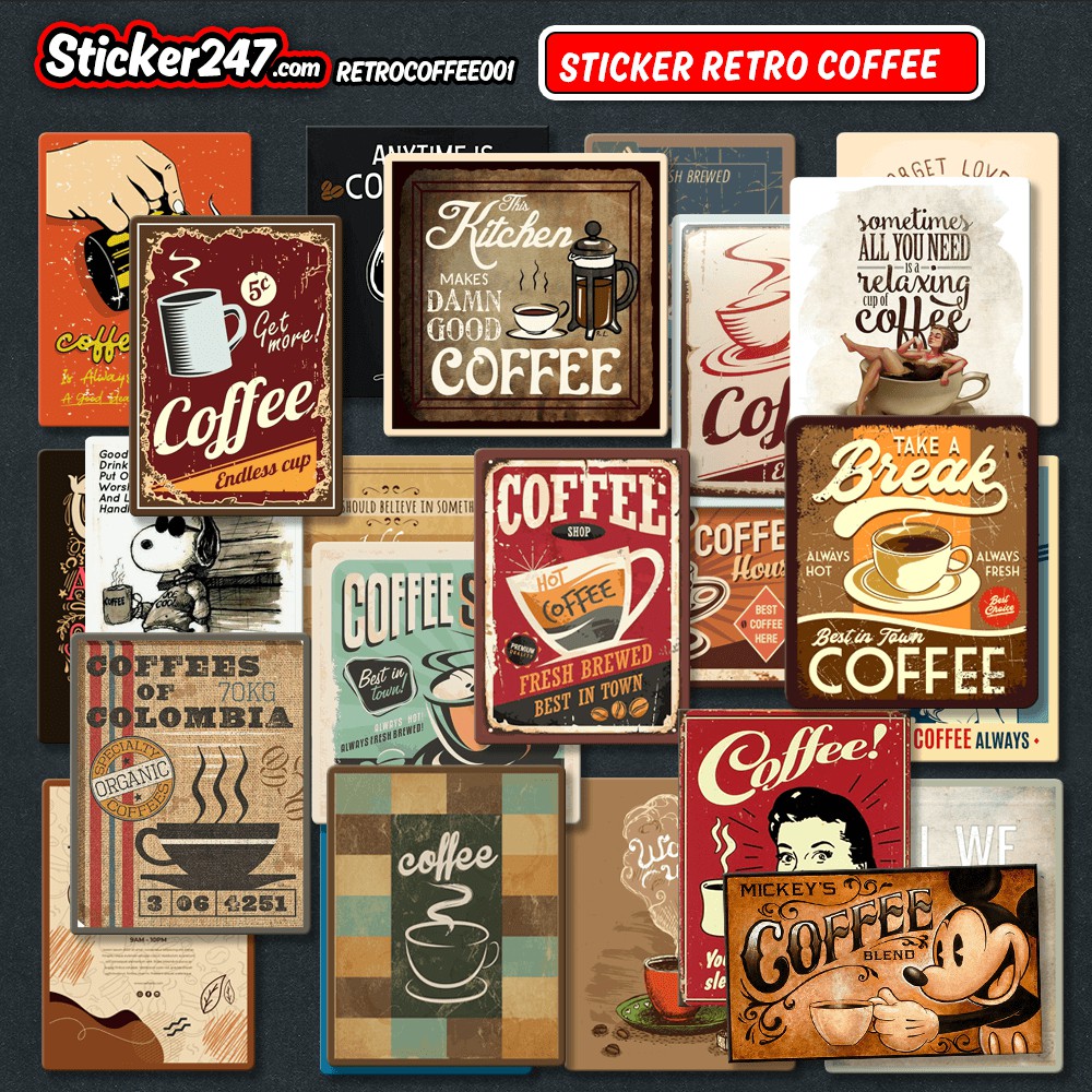 Sticker Vintage Retro Chủ đề Coffee 🌈𝑭𝒓𝒆𝒆𝒔𝒉𝒊𝒑 chống nước, hình decal dán laptop, ipad, mũ bảo hiểm,vali, guitar, ipad