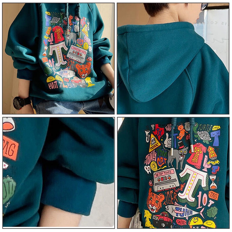 Áo hoodie AMILA dáng rộng họa tiết hoạt hình phong cách Hàn Quốc cho bé trai