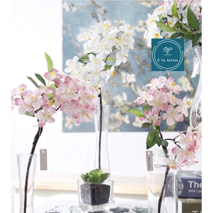 Cành hoa táo tây - hoa hải đường Đông Á cao 34cm từ lụa dùng trong trang trí decor