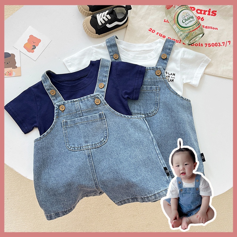 Bộ Áo Liền Quần Vải Cotton Denim + Yếm Mềm Mại Thời Trang Mùa Hè Cho Bé Sơ Sinh