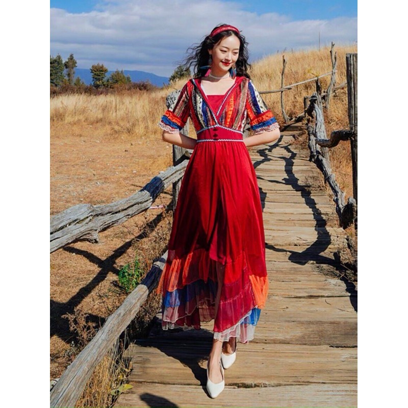 Có nón|Đầm đỏ thổ cẩm hoạ tiết boho vintage, váy xoè nhiều tầng phối màu siêu phẩm