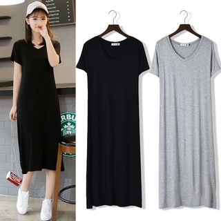 2022 spring and summer new modal dress women’s wear Korean style V-neck short sleeve large size slim bottoming dress