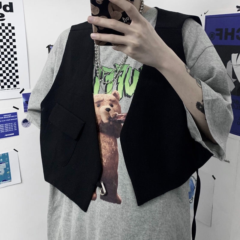 Áo Vest Ngắn Không Đều 1964012Áo Thun Màu Tối Kiểu Dáng Đơn Giản Phong Cách Harajuku