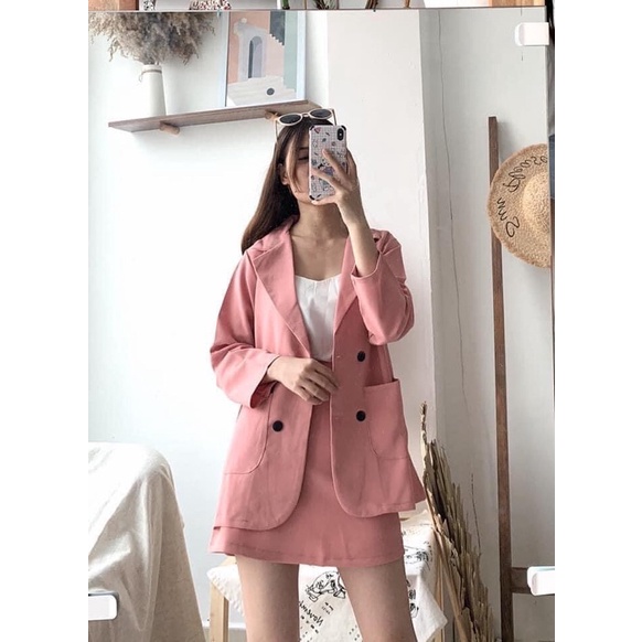 Set Blazer trơn 1 lớp 2 màu Đen/ Be ( Ảnh thật )