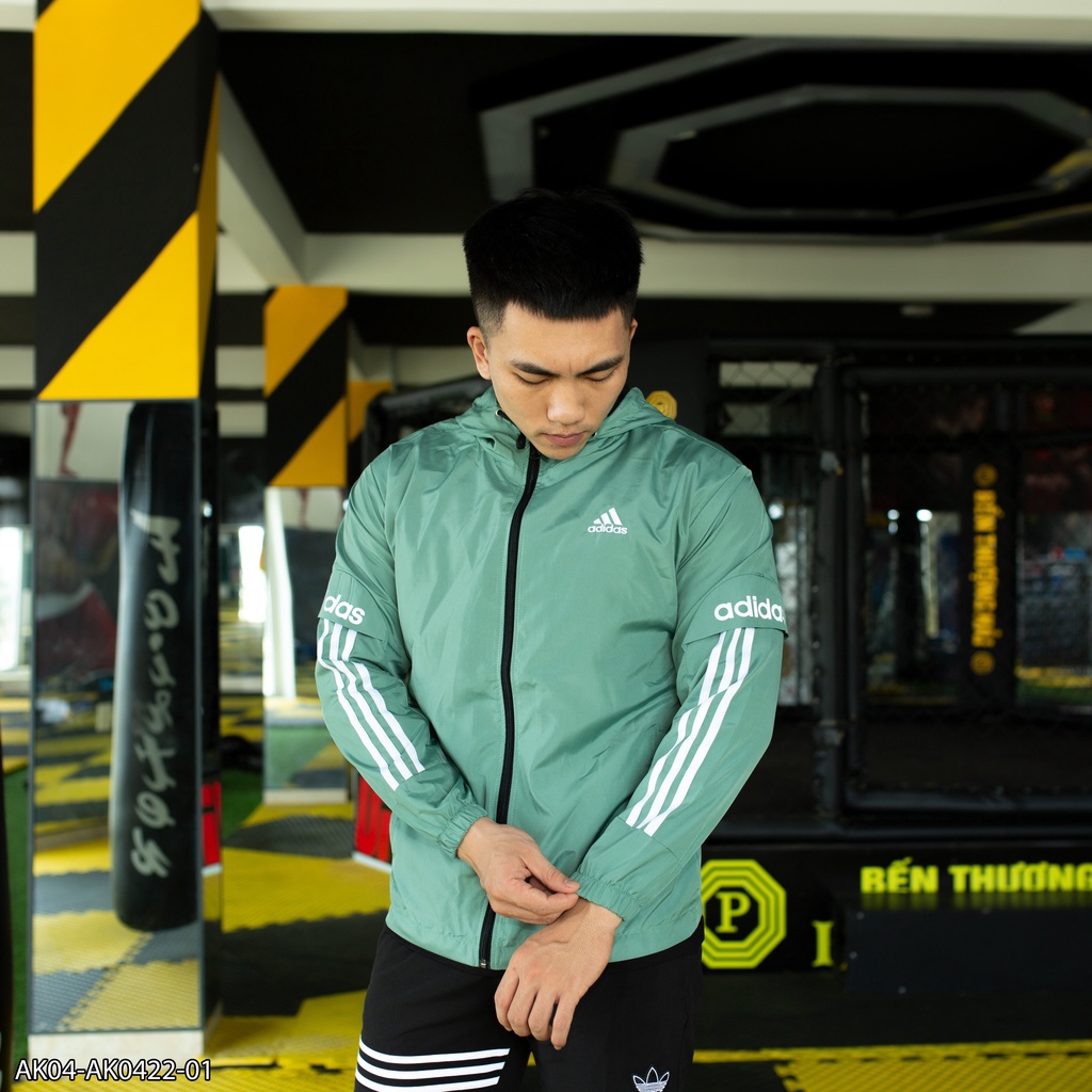 Áo khoác có mũ Adidas vải gió 2 lớp phối viền vai AK04 - áo khoác nam VNXK