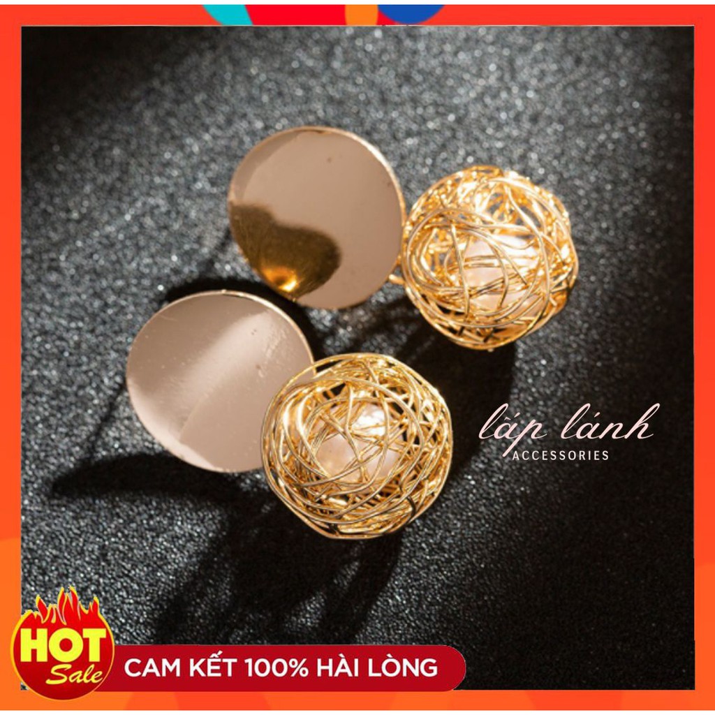 [Có sẵn] BÔNG TAI/ KHUYÊN TAI TRÒN HẠT NGỌC PHỐI LƯỚI PHONG CÁCH SANG CHẢNH BT33