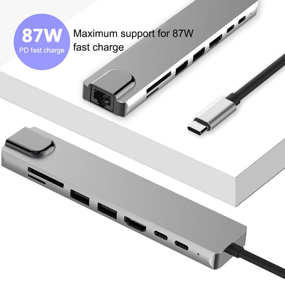 Đầu đọc thẻ nhớ USB C 3.1 sang 4K HDMI RJ45 USB SD/TF tốc độ nhanh 8 trong 1 cho MacBook Air Pro