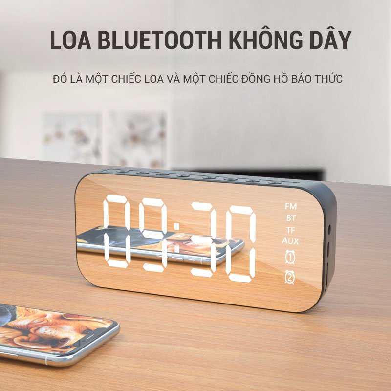 [HÀNG CÓ SẴN] Loa Bluetooth Kiêm Đồng Hồ Đài FM Mặt Tráng Gương Hiển Thị Đèn LED Kiểu Dáng 2021