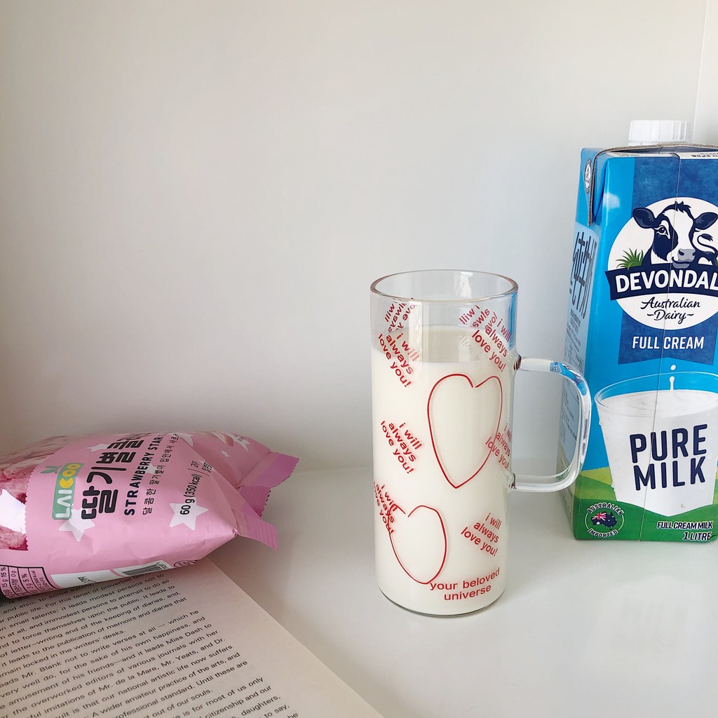 Cốc, Ly Thủy Tinh Size Lớn 400ml Có Tay Cầm Love Heart Text
