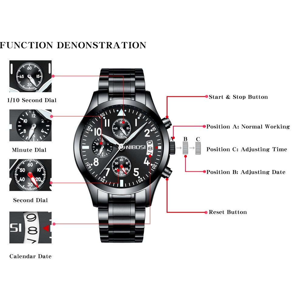 Đồng hồ nam NIBOSI 2303 dây thép đúc chạy 6 kim năng động | BigBuy360 - bigbuy360.vn
