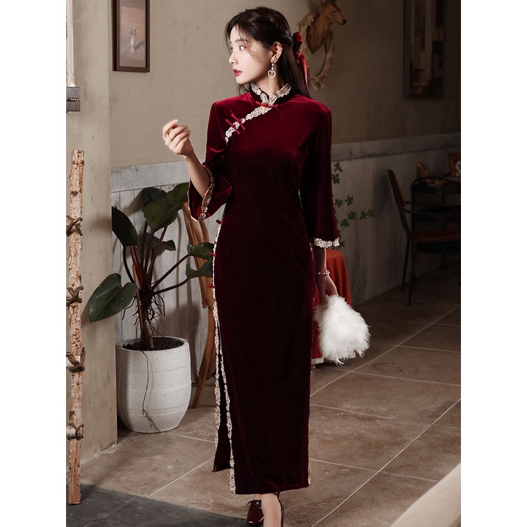 Đầm Sườn Xám Cách Tân Vải Nhung Phong Cách Trung Hoa Thời Trang Mùa Thu Mới 2022