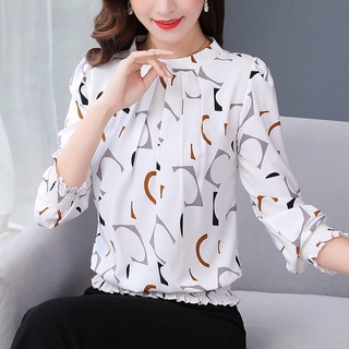 Áosơ mi voan tay dài dáng rộng in họa tiết thời trang cho phụ nữ trung niên