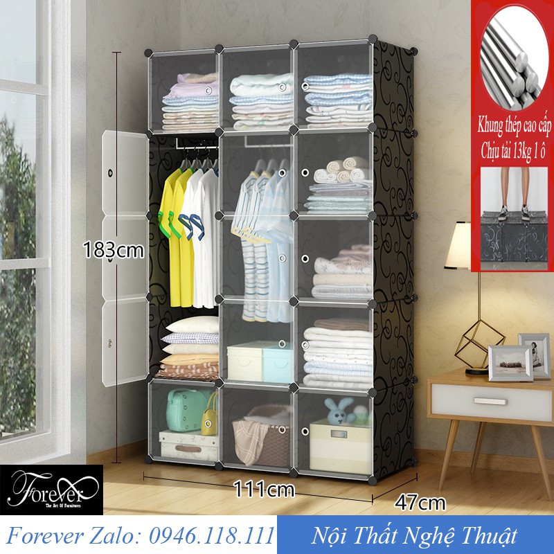 Tủ quần áo lắp ghép 15 ô 111*183*47cm cửa trắng trong