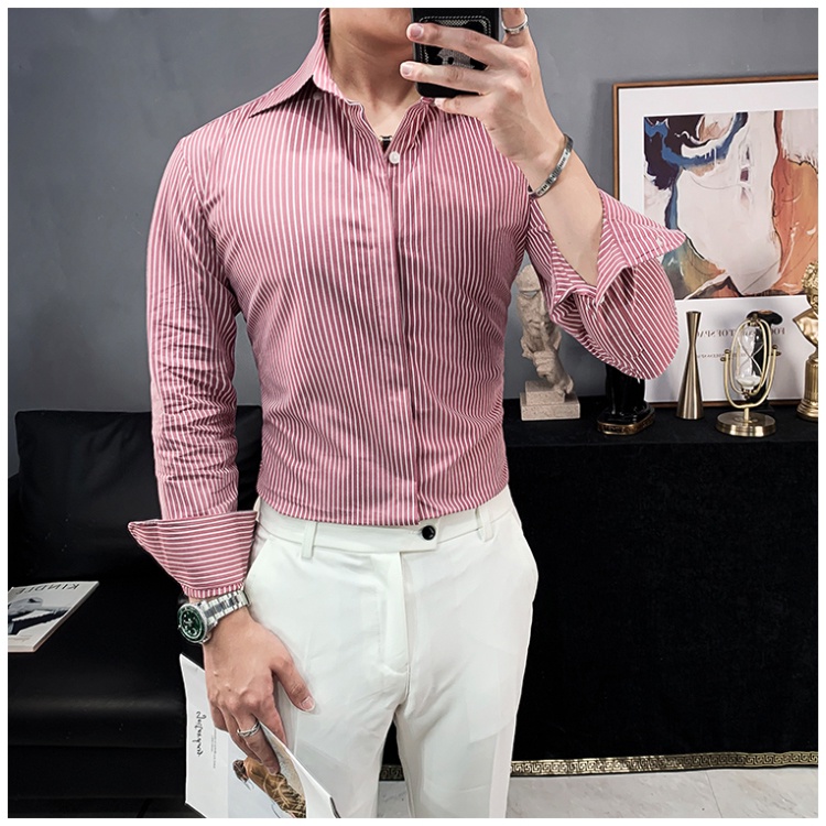 Áo Sơ Mi Nam Kẻ Sọc Tay Dài Màu Đỏ Công Sở Trady Form Ôm Body Lịch Lãm - Trady Fashion