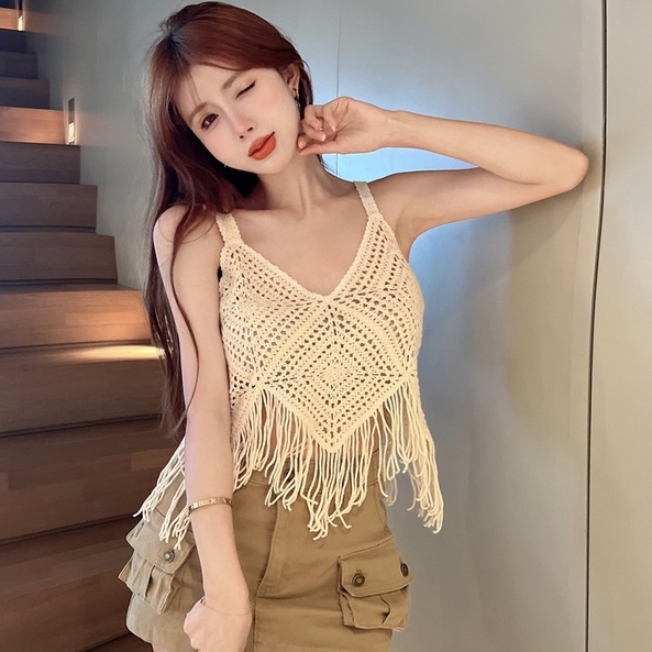 Áo dệt kim ZHELIHANGFEI 2 dây tua rua phong cách quyến rũ