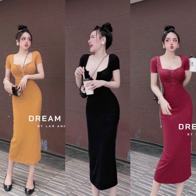 Đầm Thun Dáng Dài Maxi - Tay Ngắn Cổ Vuông Gài Nút Nhún Ngực - Form Ôm Body Sexy